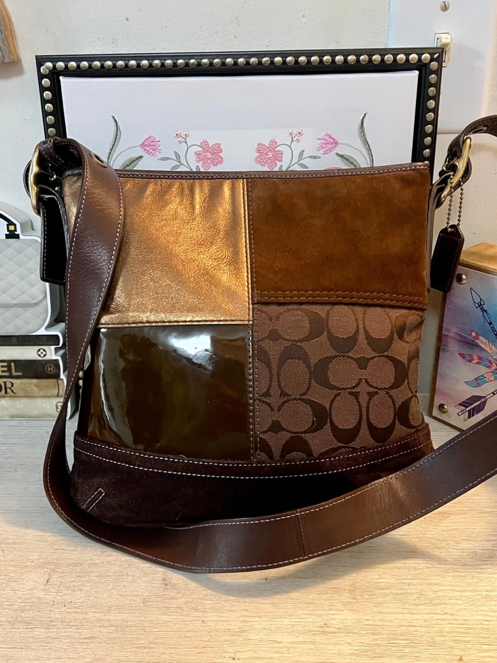 COACH Patchwork Signature Leather Suede Patent Crossbody Bag F10421 Vintage